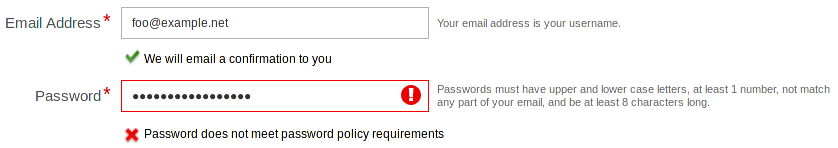 Password requirements on a sign up form
